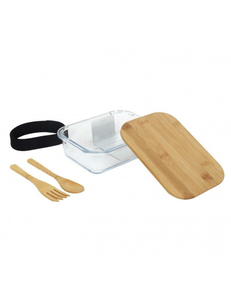 INTESI LUNCH BOX SZKLANY Z BAMBUSOWĄ PRZYKRYWKĄ  I SZTUĆCAMI