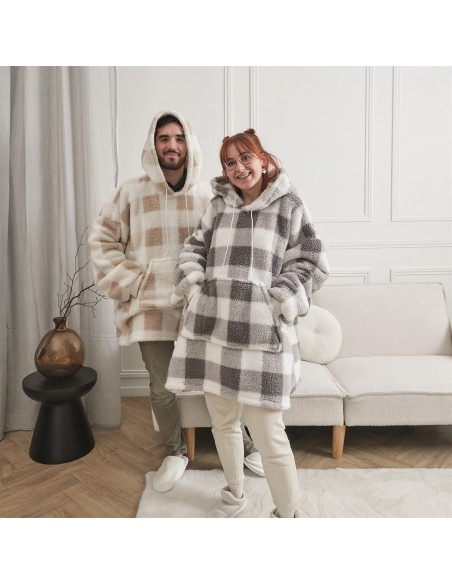 INTESI BLUZA OCIEPLANA DŁUGA/ SNUDDIE W KRATĘ    SZARA/BIAŁA