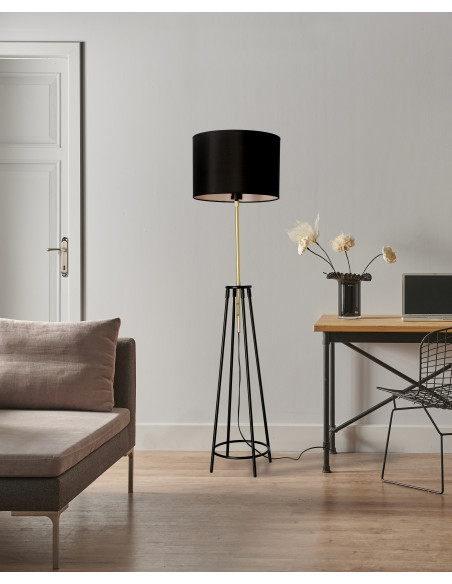 CANDELLUX TEGOLA LAMPA PODŁOGOWA CZARNY+ZŁOTY MATOWY 1X60W E27 ABAŻUR CZARNY 51-00071