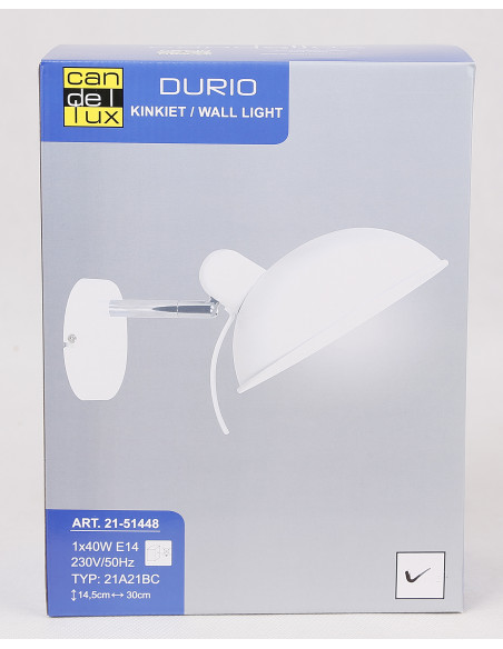 CANDELLUX DURIO LAMPA KINKIET 1X40W E14 BIAŁY 21-51448