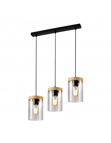 CANDELLUX WELS LAMPA WISZĄCA CZARNY+DREWNIANY 3X40 E27 KLOSZ DYMIONY 33-22004