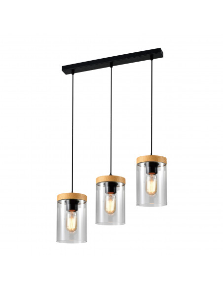 CANDELLUX WELS LAMPA WISZĄCA CZARNY+DREWNIANY 3X40 E27 KLOSZ DYMIONY 33-22004