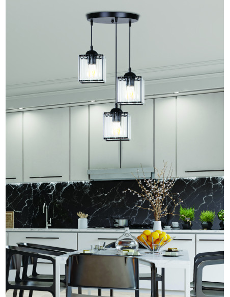 CANDELLUX GLASSIA LAMPA WISZĄCA TALERZ CZARNY 3X40 E27 KLOSZ CZARNY+KRYSZTAŁY BEZBARWNE 33-21137