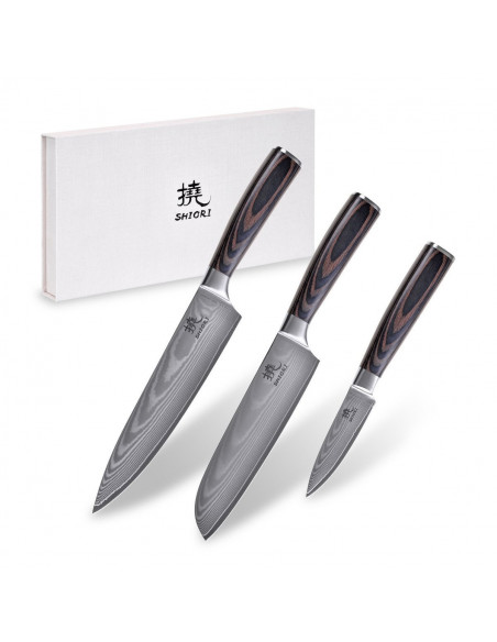 Shiori 3-Set 撓 Chairo Shōto + Santoku + Sifu - zestaw trzech noży ze stali damasceńskiej