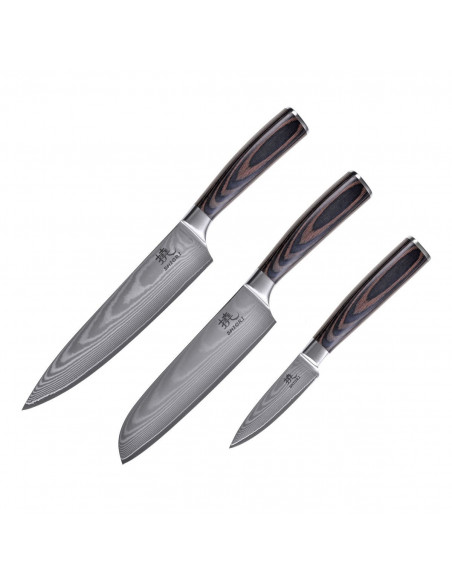 Shiori 3-Set 撓 Chairo Shōto + Santoku + Sifu - zestaw trzech noży ze stali damasceńskiej