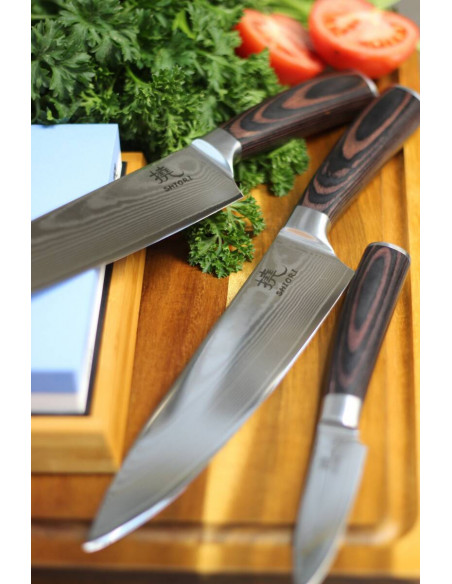 Shiori 3-Set 撓 Chairo Shōto + Santoku + Sifu - zestaw trzech noży ze stali damasceńskiej