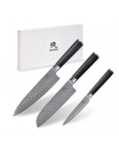 Shiori 3-Set 撓 Kuri Murō + Santoku + Sifu - zestaw trzech noży ze stali damasceńskiej