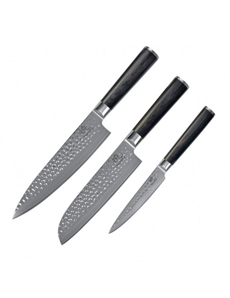 Shiori 3-Set 撓 Kuri Murō + Santoku + Sifu - zestaw trzech noży ze stali damasceńskiej