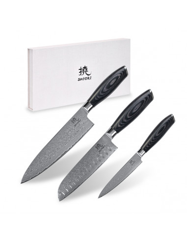 Shiori 3-Set 撓 Kuro Murō + Santoku + Sifu - zestaw trzech noży ze stali damasceńskiej