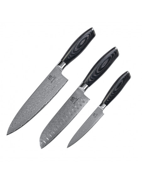 Shiori 3-Set 撓 Kuro Murō + Santoku + Sifu - zestaw trzech noży ze stali damasceńskiej