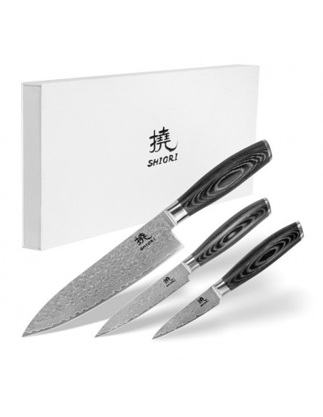 Shiori 3-Set 撓 Kuro V2 Shōto + Murō + Sifu - zestaw trzech noży ze stali damasceńskiej