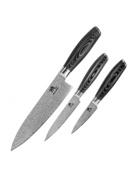 Shiori 3-Set 撓 Kuro V2 Shōto + Murō + Sifu - zestaw trzech noży ze stali damasceńskiej