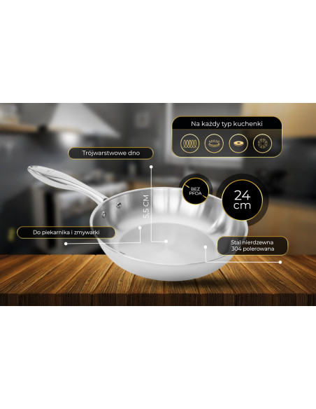 SHIORI Stainless Steel 304 patelnia bez powłoki indukcja 24 cm