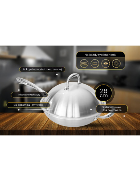 SHIORI Stainless Steel 304 patelnia WOK 28cm x 8,20 cm indukcja