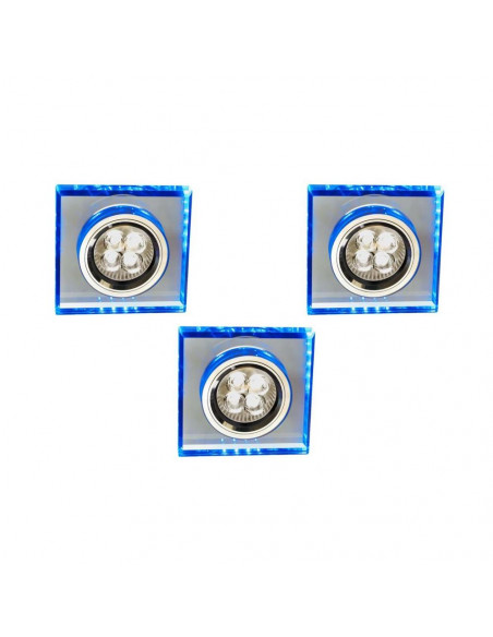 CANDELLUX ZESTAW TRZECH OPRAW SS-22 CH/TR+BL GU10 50W+LED SMD 230V NIEBIESKI 2,1W CHROM OPR. STROP. STALA KWADRATOWA SZKLO TRANS