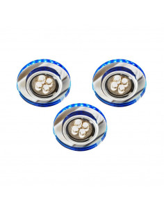 CANDELLUX ZESTAW TRZECH OPRAW SS-23 CH/TR+BL GU10 50W+LED SMD 230V NIEBIESKI 2,1W CHROM OPR. STROP. STALA OKRĄGŁA SZKLO TRANSP