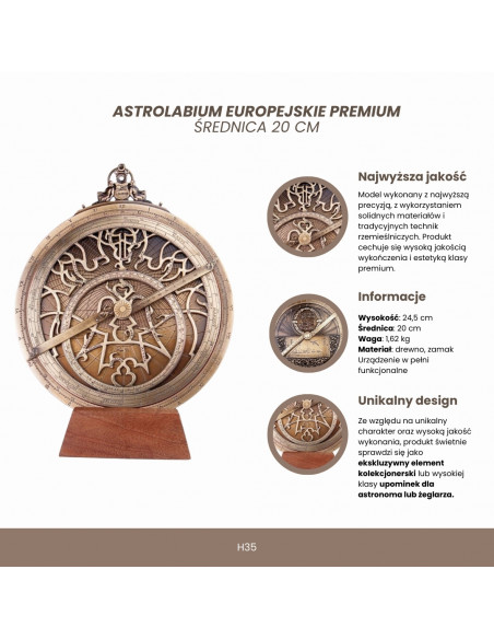 Duże Astrolabium Europejskie - średnica 20 cm - Prezent Premium dla Astronoma lub Żeglarza - H35