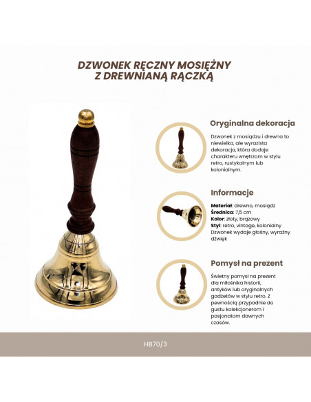 Dzwonek Ręczny Mosiężny z Drewnianą Rączką – Retro – HB70/3