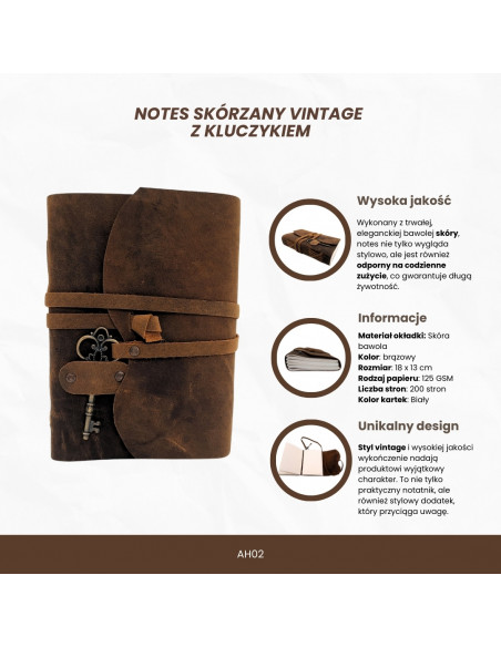 Notes Skórzany Retro z Kluczykiem i Paskiem 200 stron 18 x 13 cm - AH02