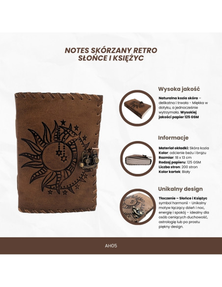 Notes Skórzany Retro 200 stron Słońce i Księżyc 200 stron - AH05