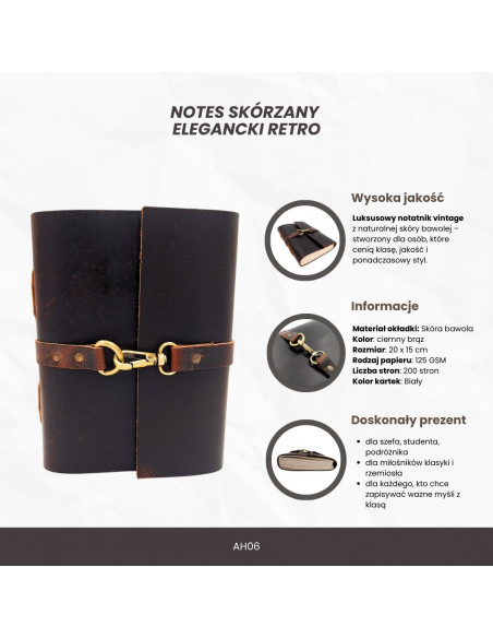 Elegancki Notes Skórzany Retro 200 stron Vintage - AH06