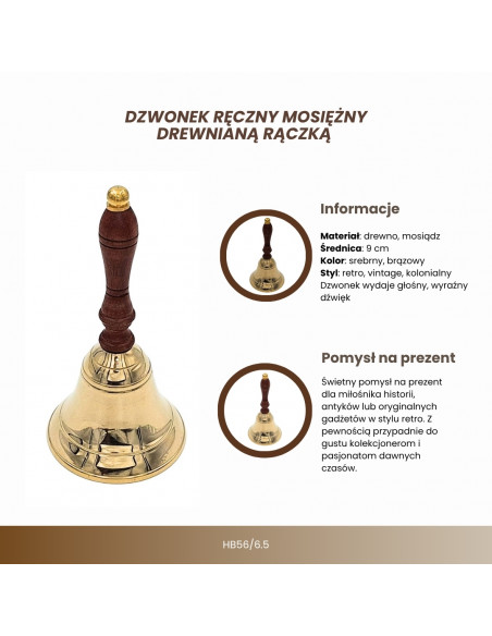 Dzwonek Ręczny Mosiężny z Drewnianą Rączką – Styl Retro– HB56/6.5