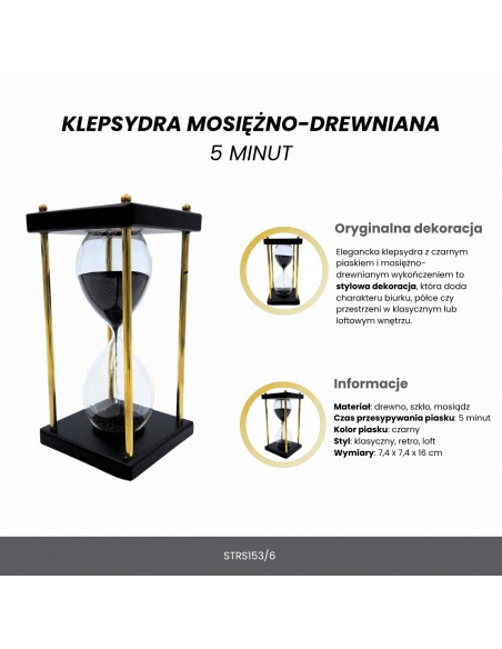 Klepsydra Mosiężno-Drewniana 5 minut – Czarny Piasek – Elegancka Dekoracja Retro - STRS153/6